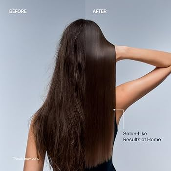 A woman shown from the back with her hair divided down the middle; the left side is frizzy and unstyled ("Before"), while the right side is straight, smooth, and shiny ("After") with the text "Salon-Like Results at Home. Fearrington Village