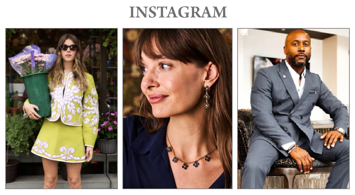 A collage of three Instagram-style photos: a woman in a green floral outfit holding a bouquet, a woman in a navy shirt with floral jewelry, and a man in a blue suit seated on a sofa. Fearrington Village