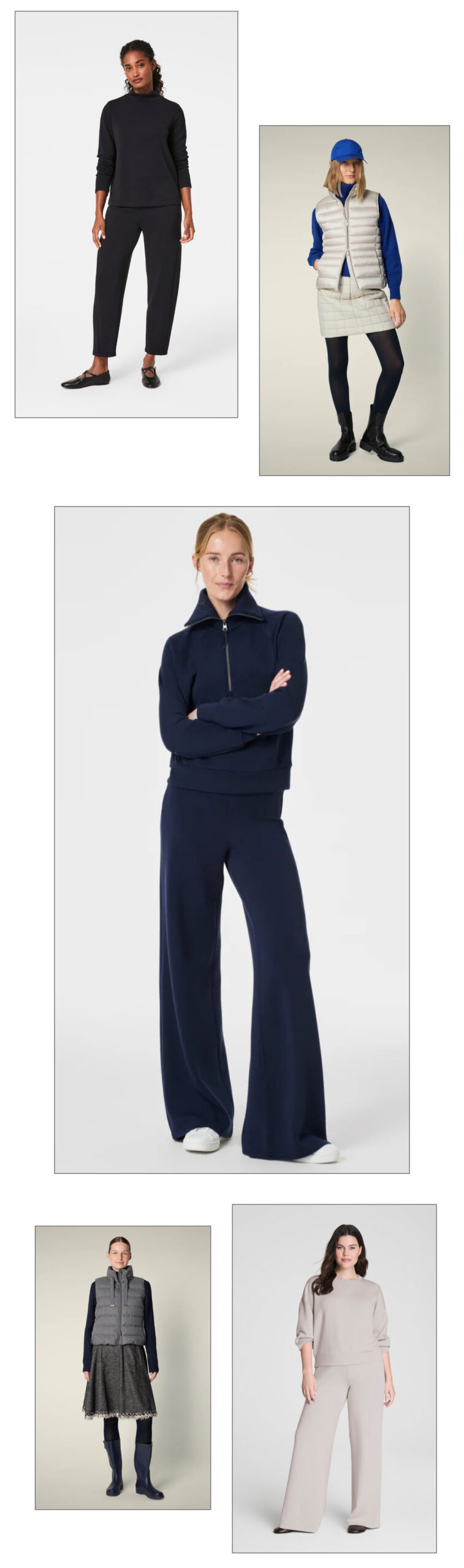 Five women model various casual and sporty outfits, including jumpsuits, wide-leg pants, a puffer vest, sweaters, and sneakers, in neutral and navy tones, against plain backgrounds. Fearrington Village