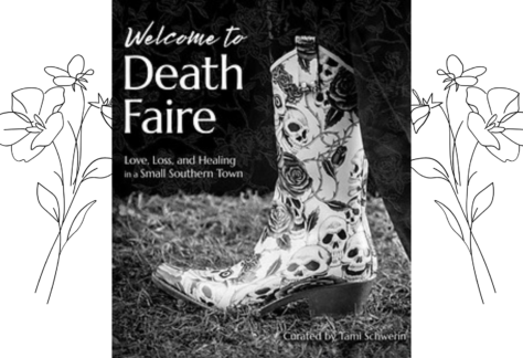 Black and white image of a book cover titled "Welcome to Death Faire." A decorative cowboy boot with skull patterns stands on grass. The subtitle reads: "Love, Loss, and Healing in a Small Southern Town. Fearrington Village