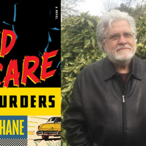 A book cover titled "The Red Scare Murders" by Con Lehane, featuring bold red and yellow text with a vintage illustration, is shown beside a man with white hair and a beard wearing glasses and a dark jacket, standing outdoors. Fearrington Village