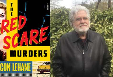 A book cover titled "The Red Scare Murders" by Con Lehane, featuring bold red and yellow text with a vintage illustration, is shown beside a man with white hair and a beard wearing glasses and a dark jacket, standing outdoors. Fearrington Village