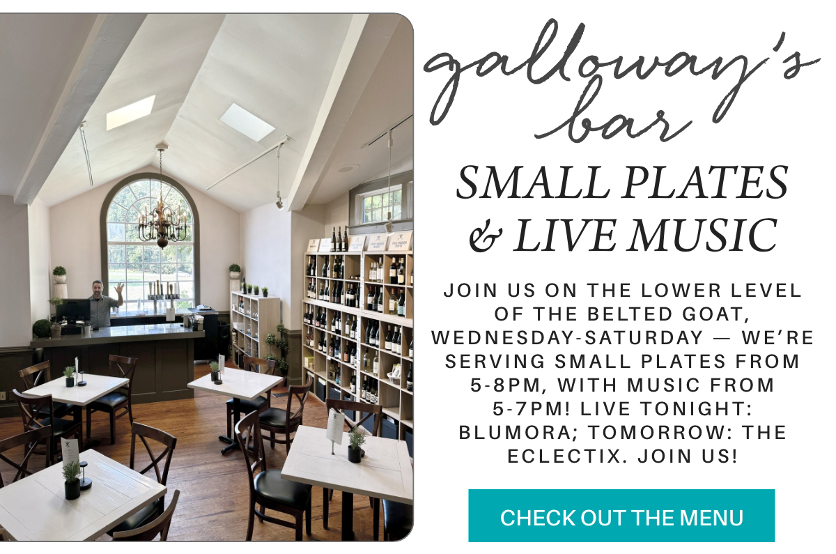 A cozy bar with large arched windows, shelves of bottles, and tables. Text promotes small plates and live music at Galloway’s Bar, Wednesday-Saturday, 5–8 PM. Live tonight: Blumora; tomorrow: The Eclectix. Fearrington Village "join us on the lower level of the belted goat, wednesday-saturday — we’re serving small plates from 5-8pm, with music from 5-7pm! live tonight: blumora; tomorrow: the eclectix. join us!"