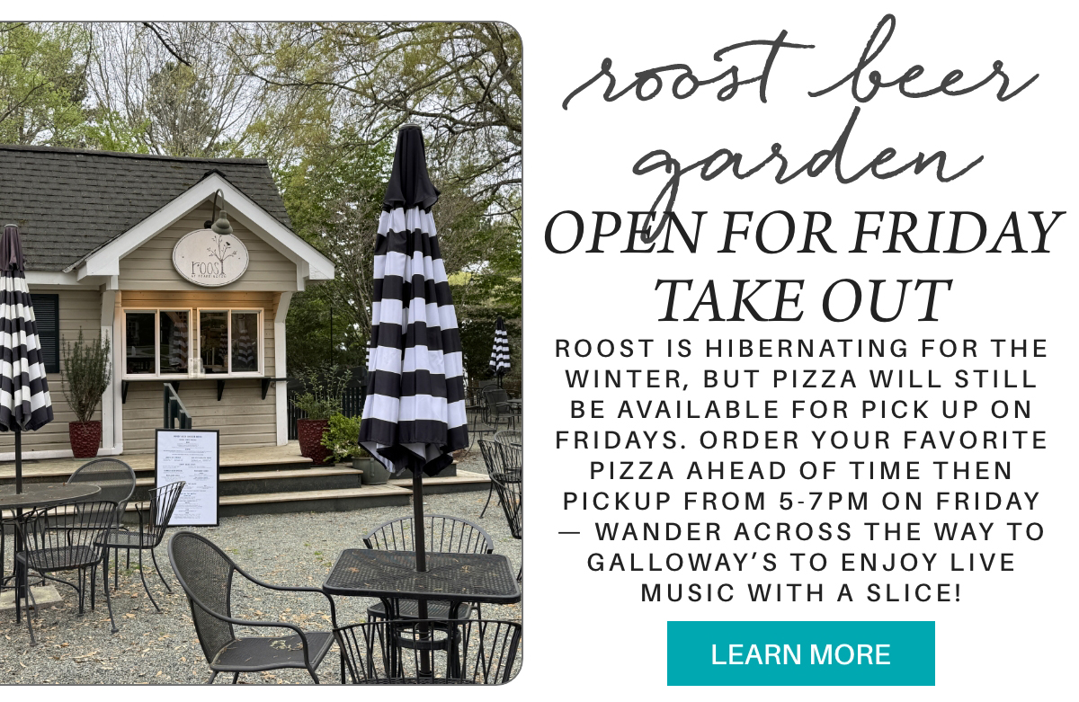 Outdoor seating area with black metal tables and striped umbrellas in front of a small building with a "Root" sign. Text promotes Friday pizza takeout and live music at Galloway's. A blue "Learn More" button is at the bottom. Fearrington Village