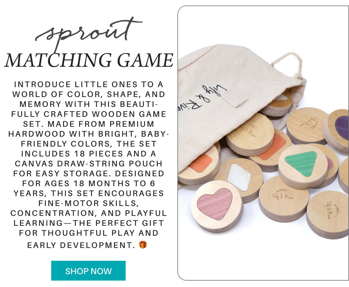 A canvas pouch with wooden matching game pieces in various pastel shapes and colors is displayed. Text describes the set’s features and benefits for children’s learning and development. A “Shop Now” button is at the bottom. Fearrington Village "Introduce little ones to a world of color, shape, and memory with this beauti-fully crafted wooden game set. Made from premium hardwood with bright, baby-friendly colors, the set includes 18 pieces and a canvas draw-string pouch for easy storage. Designed for ages 18 months to 6 years, this set encourages fine-motor skills, concentration, and playful learning—the perfect gift for thoughtful play and early development. 🎁"