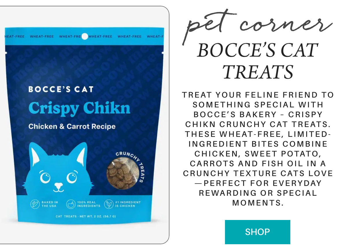 A blue bag of Bocce's Cat Crispy Chikn treats with a cat illustration and text describing the chicken and carrot recipe, next to a description about the treats’ ingredients and a blue "Shop" button. Fearrington Village "Treat your feline friend to something special with BOCCE’S BAKERY – Crispy Chikn Crunchy Cat Treats. These wheat-free, limited-ingredient bites combine chicken, sweet potato, carrots and fish oil in a crunchy texture cats love—perfect for everyday rewarding or special moments."
