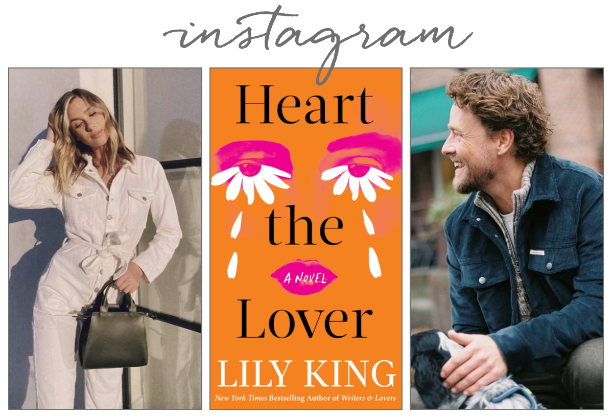 A collage with “Instagram” written at the top, showing a woman in a white outfit posing, the cover of "Five Tuesdays in Winter" by Lily King with pink eyes and lips, and a smiling man in a dark jacket outdoors. Fearrington Village
