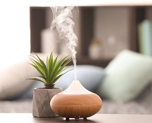 A small potted plant and a wooden essential oil diffuser emitting mist are placed on a table, with a blurred bed and shelves in the background. Fearrington Village