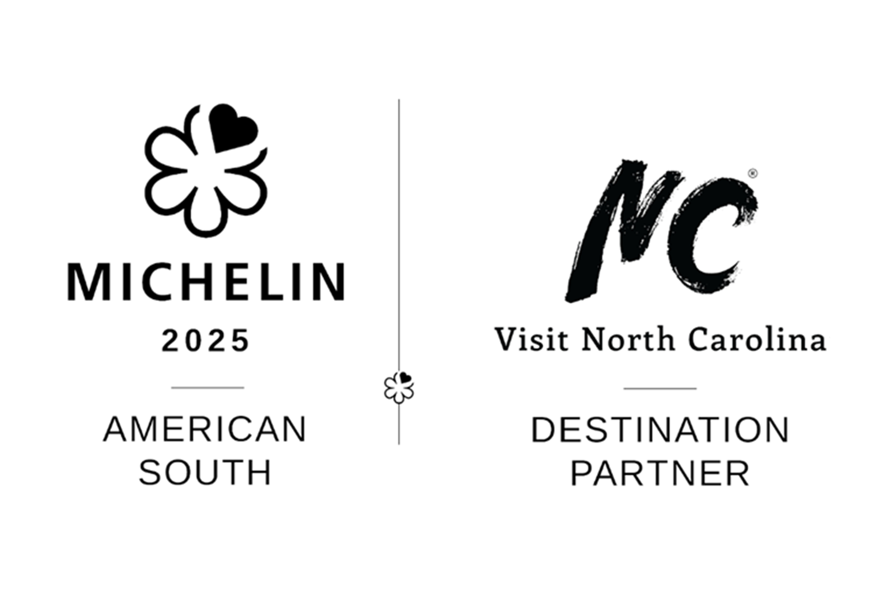 Michelin 2025 American South logo on the left, and NC Visit North Carolina Destination Partner logo on the right, separated by a thin vertical line and a small Michelin star symbol in the center. Fearrington Village