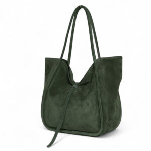 A dark green suede tote bag with long handles, soft structure, and a simple knot closure at the top, shown against a plain white background. Fearrington Village