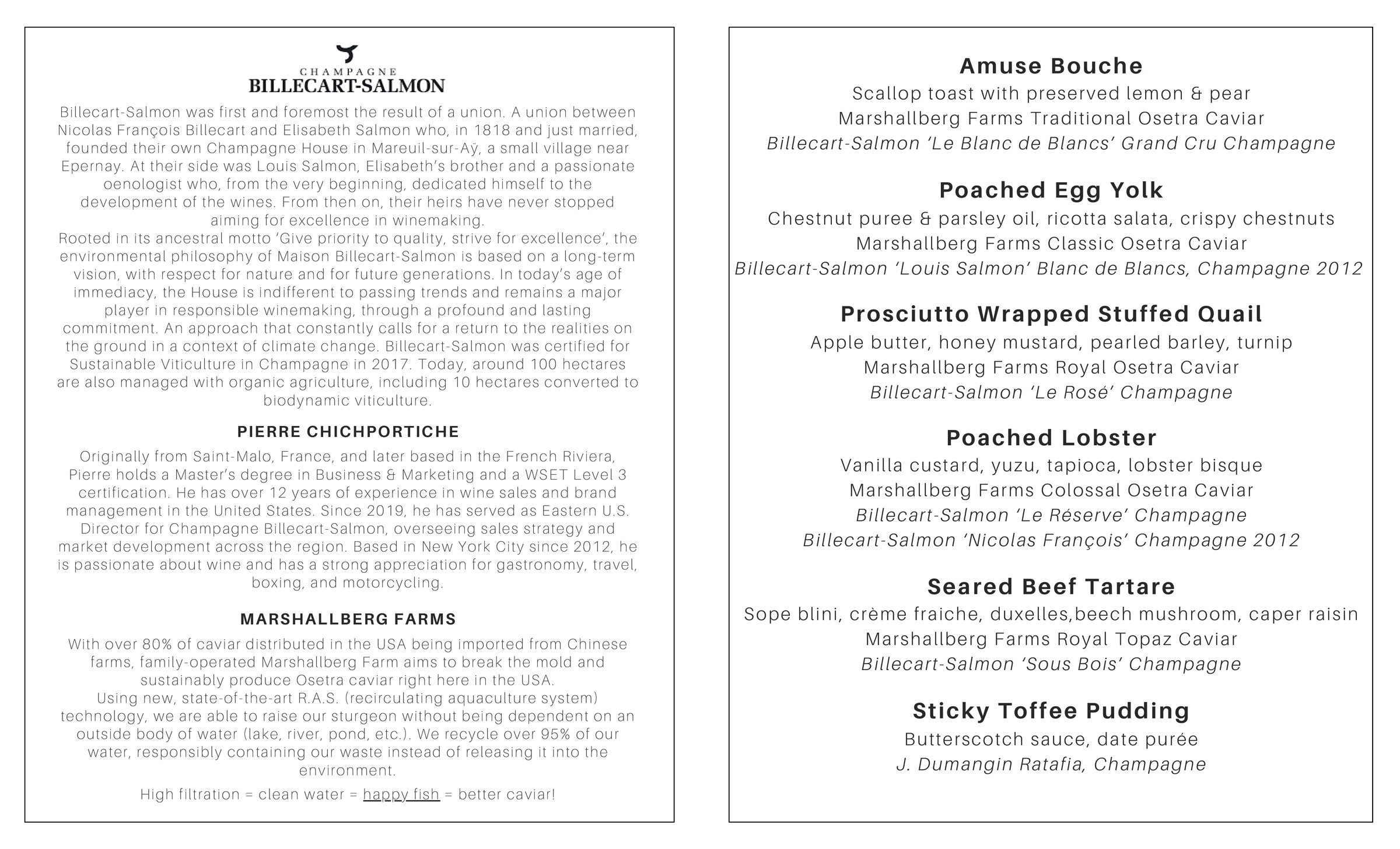 A gourmet tasting menu lists six courses, each paired with champagne. Courses include scallop toast, poached egg yolk, stuffed quail, poached lobster, beef tartare, and sticky toffee pudding. Chef and supplier details appear on the left. Fearrington Village
